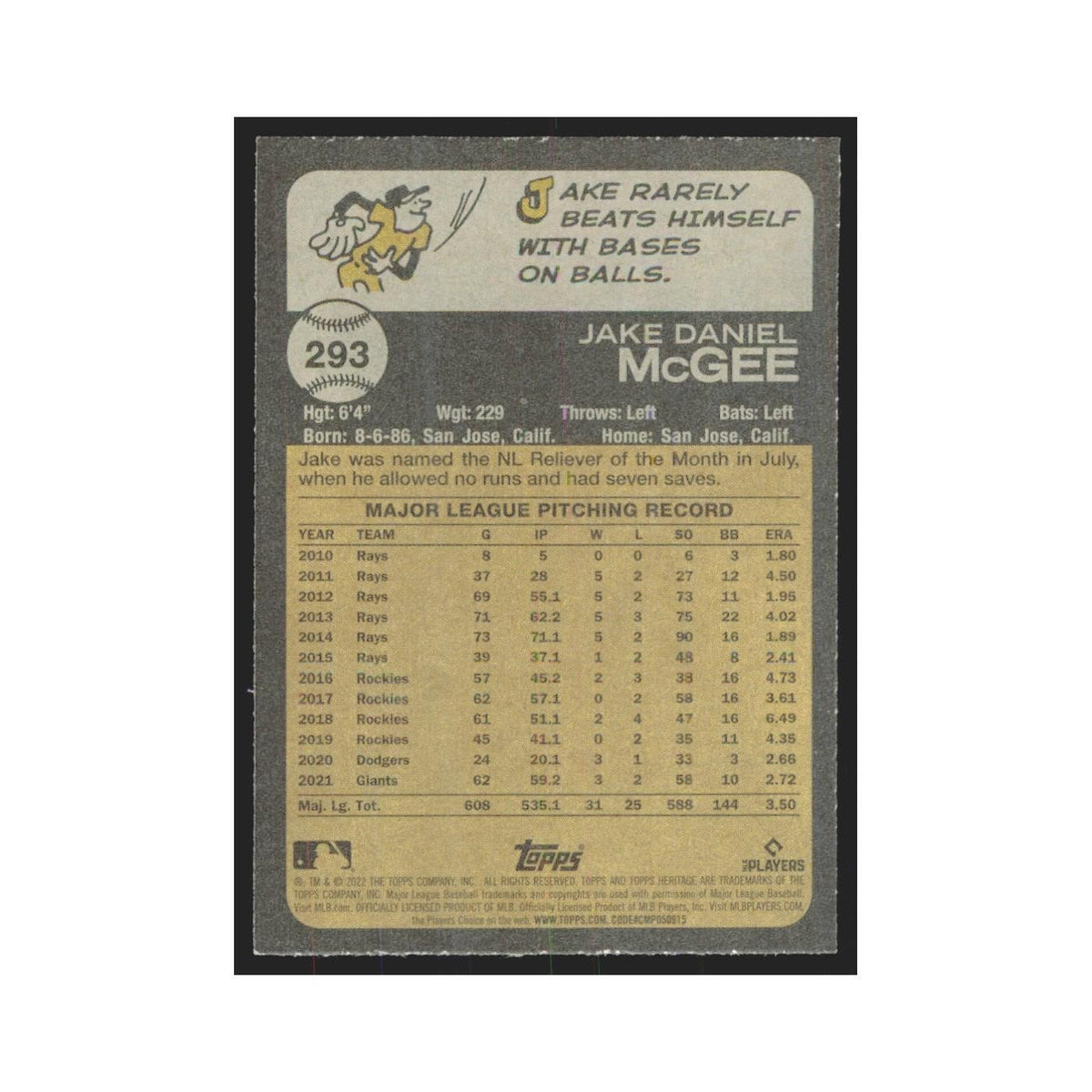 2022 Topps Heritage Jake McGee Giants #293