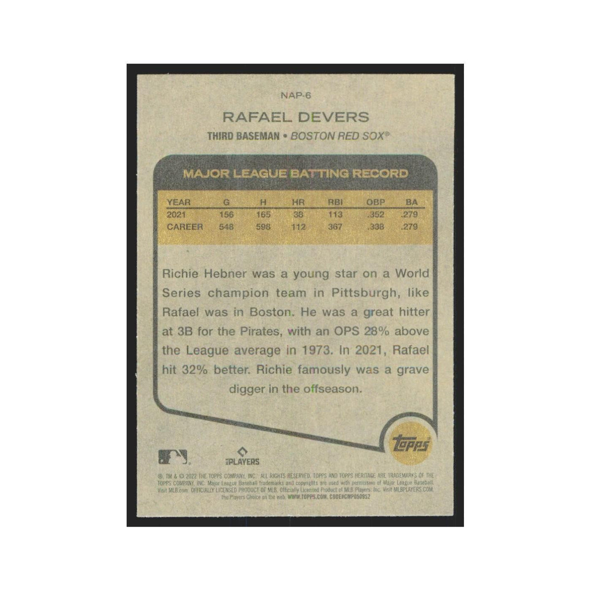 2022 Topps Heritage Rafael Devers Red Sox #NAP-6