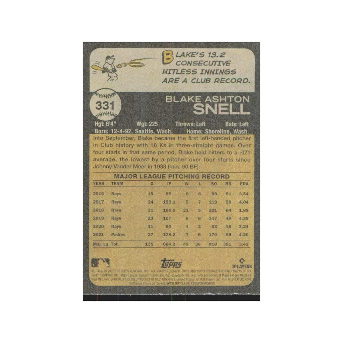 2022 Topps Heritage Blake Snell Padres #331