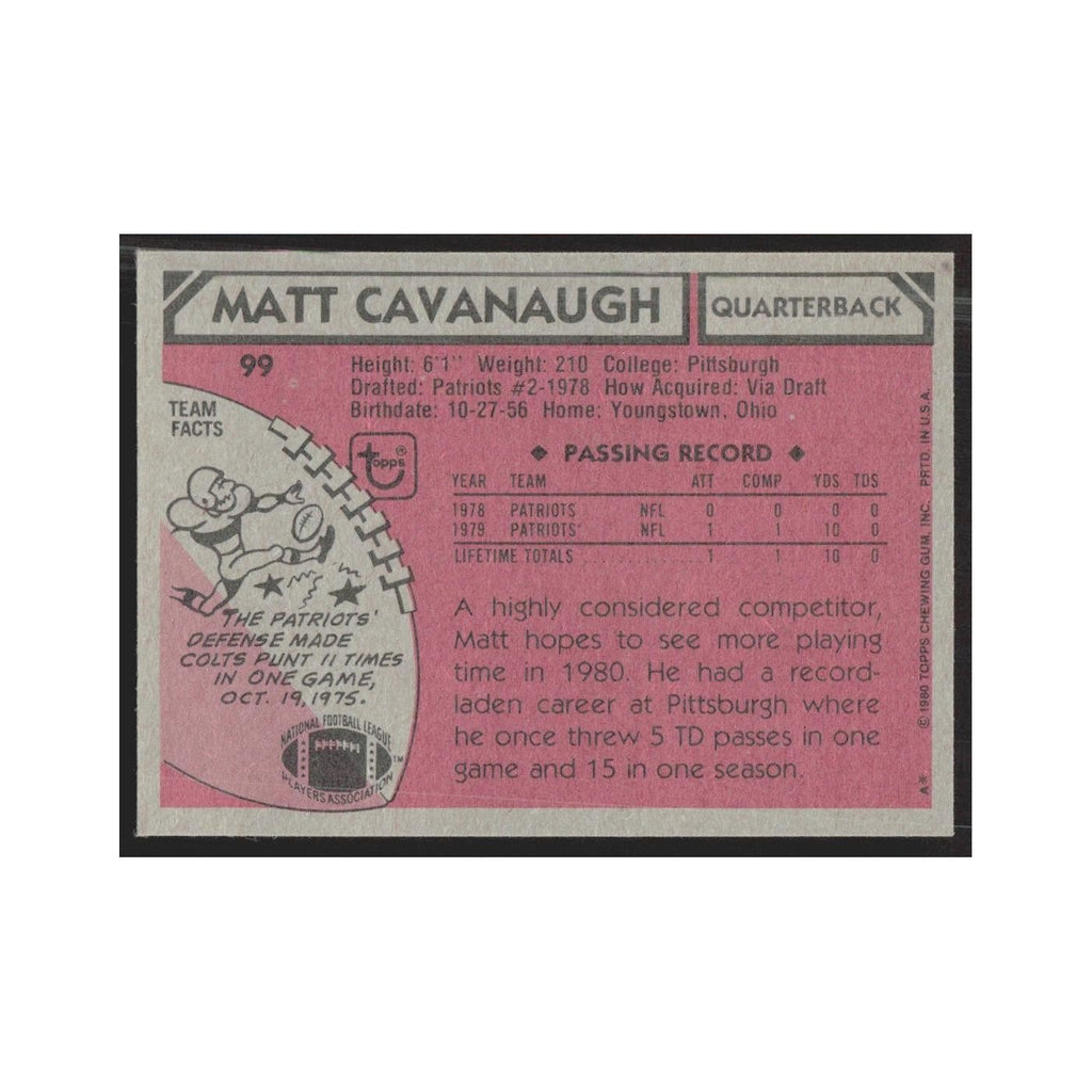 1980 Topps Matt Cavanaugh Patriots #99