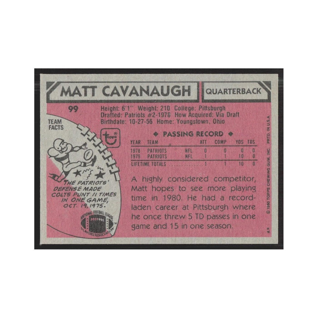 1980 Topps Matt Cavanaugh Patriots #99