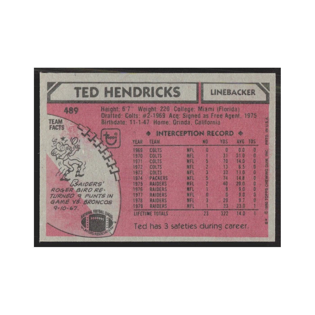 1980 Topps Ted Hendricks Raiders #489
