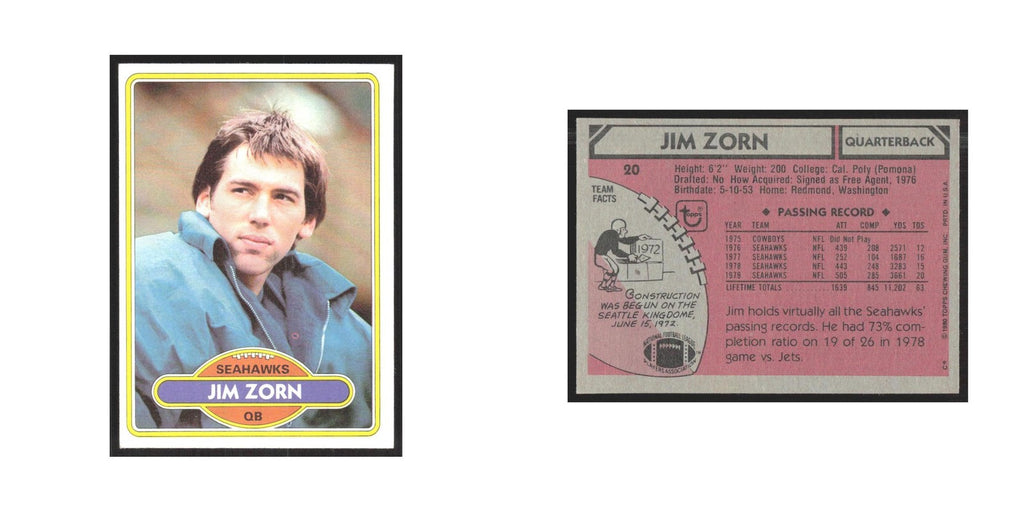 1980 Topps Jim Zorn Seahawks #20
