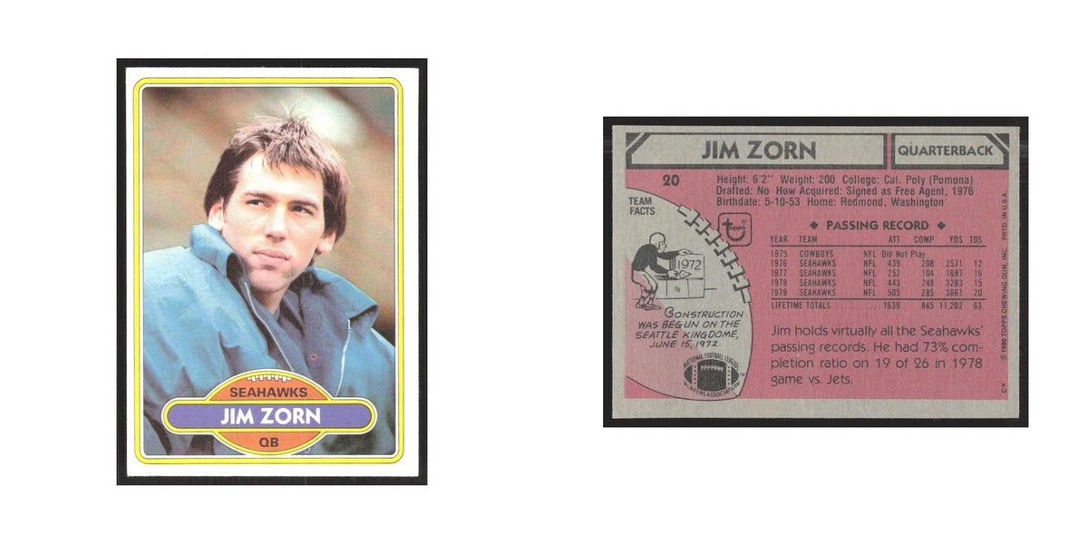 1980 Topps Jim Zorn Seahawks #20