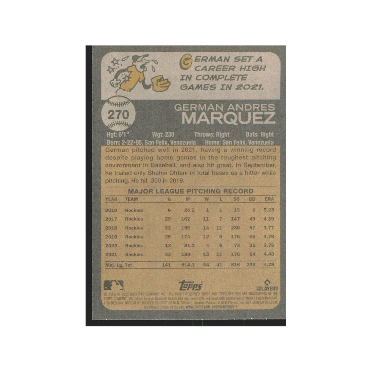 2022 Topps Heritage German Marquez Rockies #270