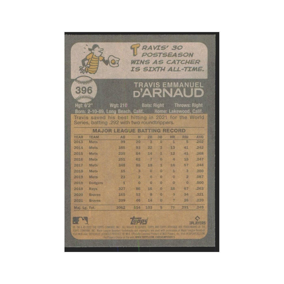 2022 Topps Heritage Travis d'Arnaud Braves #396