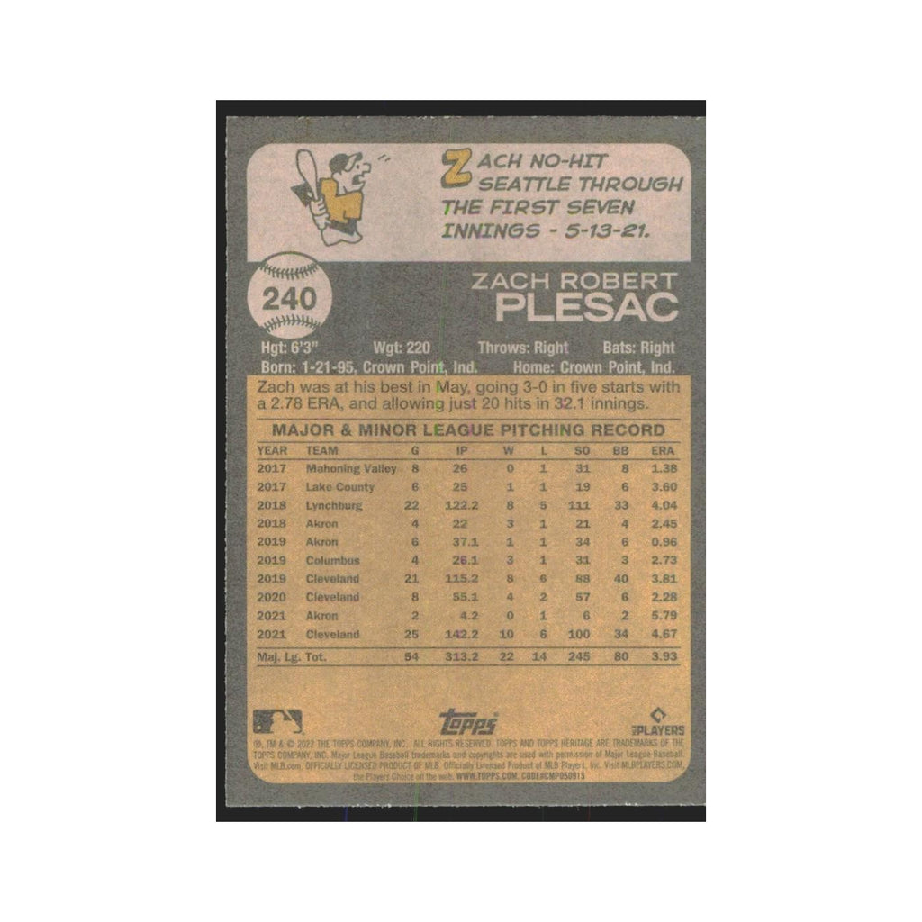 2022 Topps Heritage Zach Plesac Guardians #240