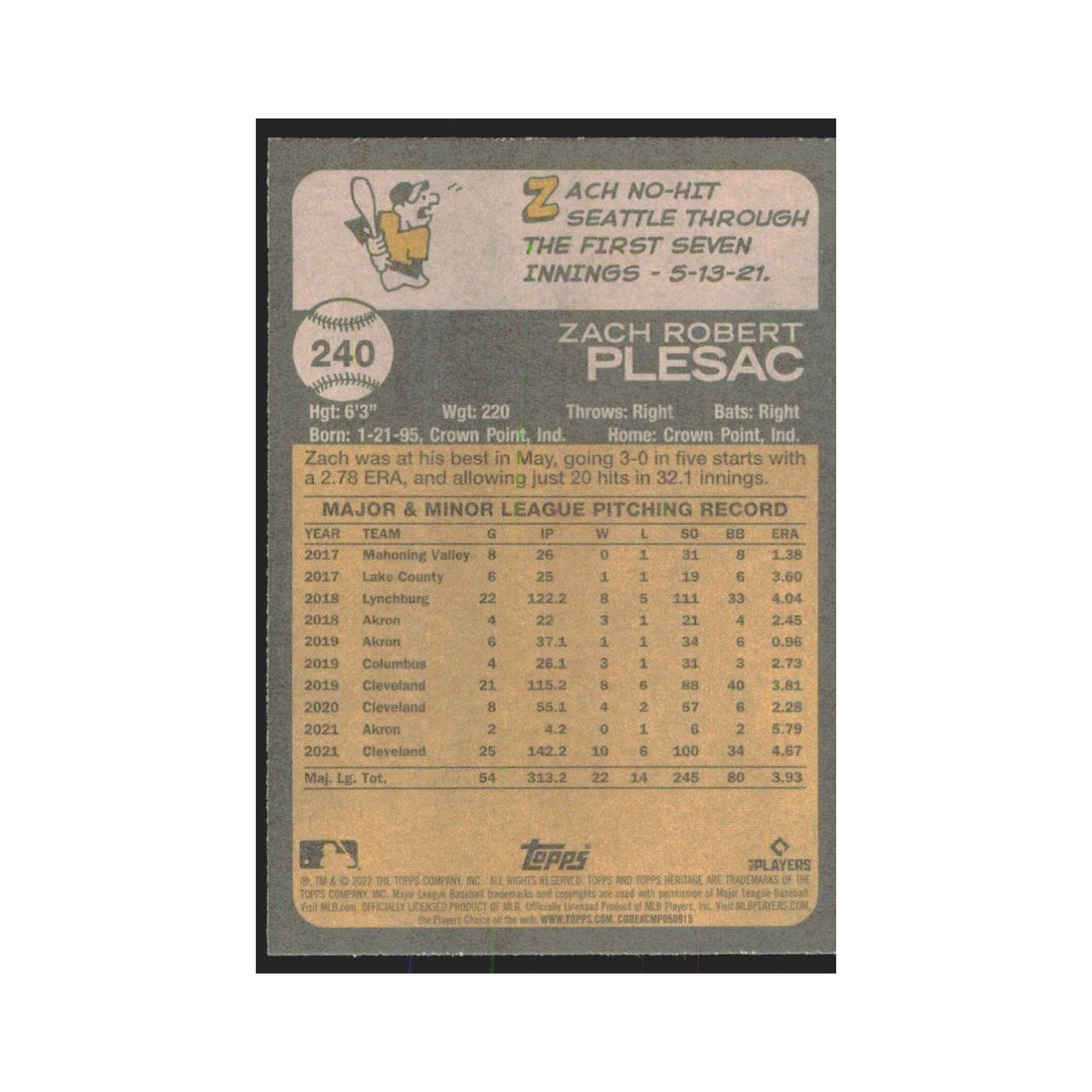 2022 Topps Heritage Zach Plesac Guardians #240