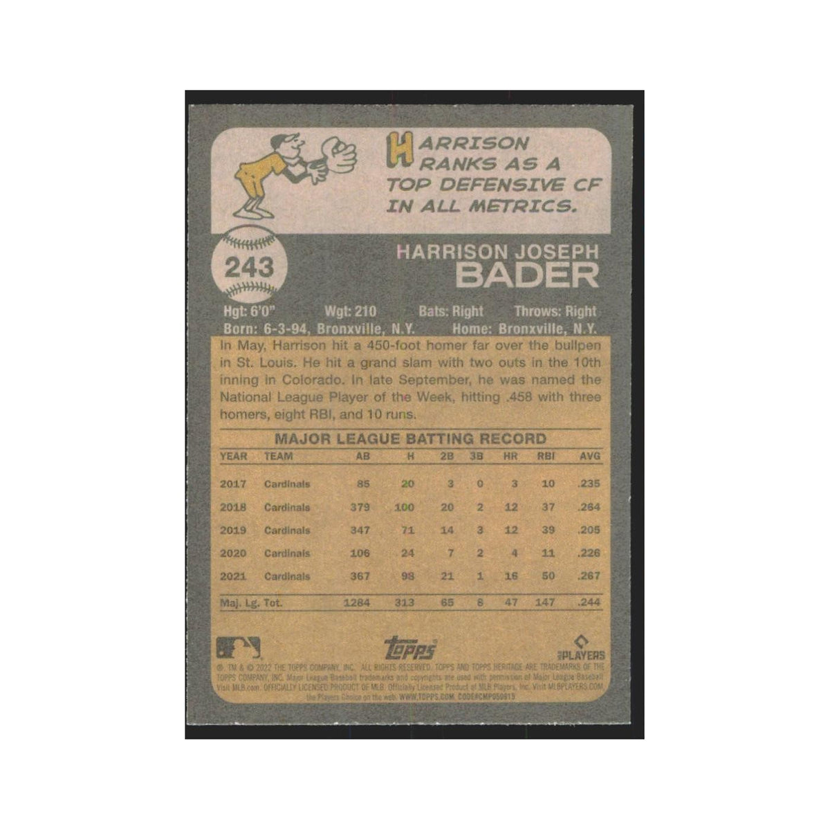 2022 Topps Heritage Harrison Bader Cardinals #243