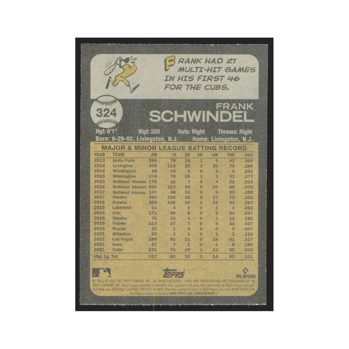 2022 Topps Heritage Frank Schwindel Cubs #324