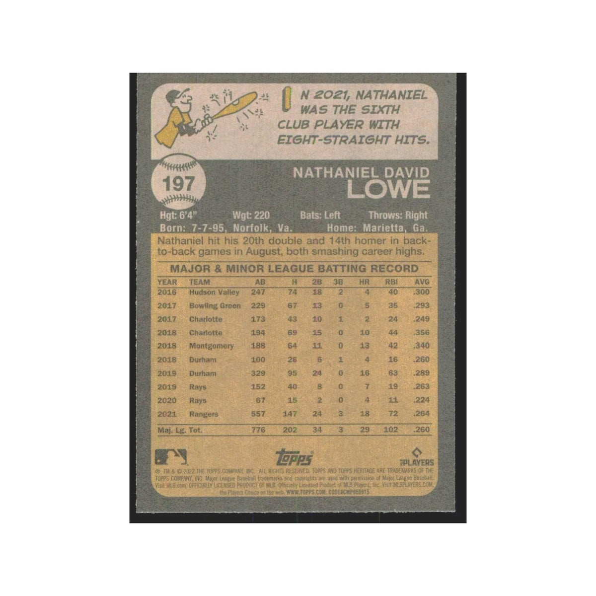 2022 Topps Heritage Nathaniel Lowe Rangers #197