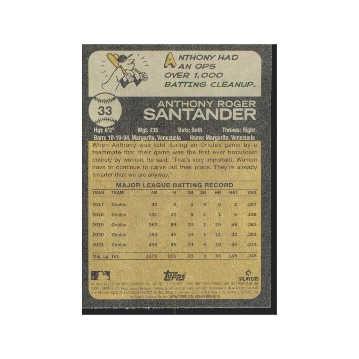 2022 Topps Heritage Anthony Santander Orioles #33