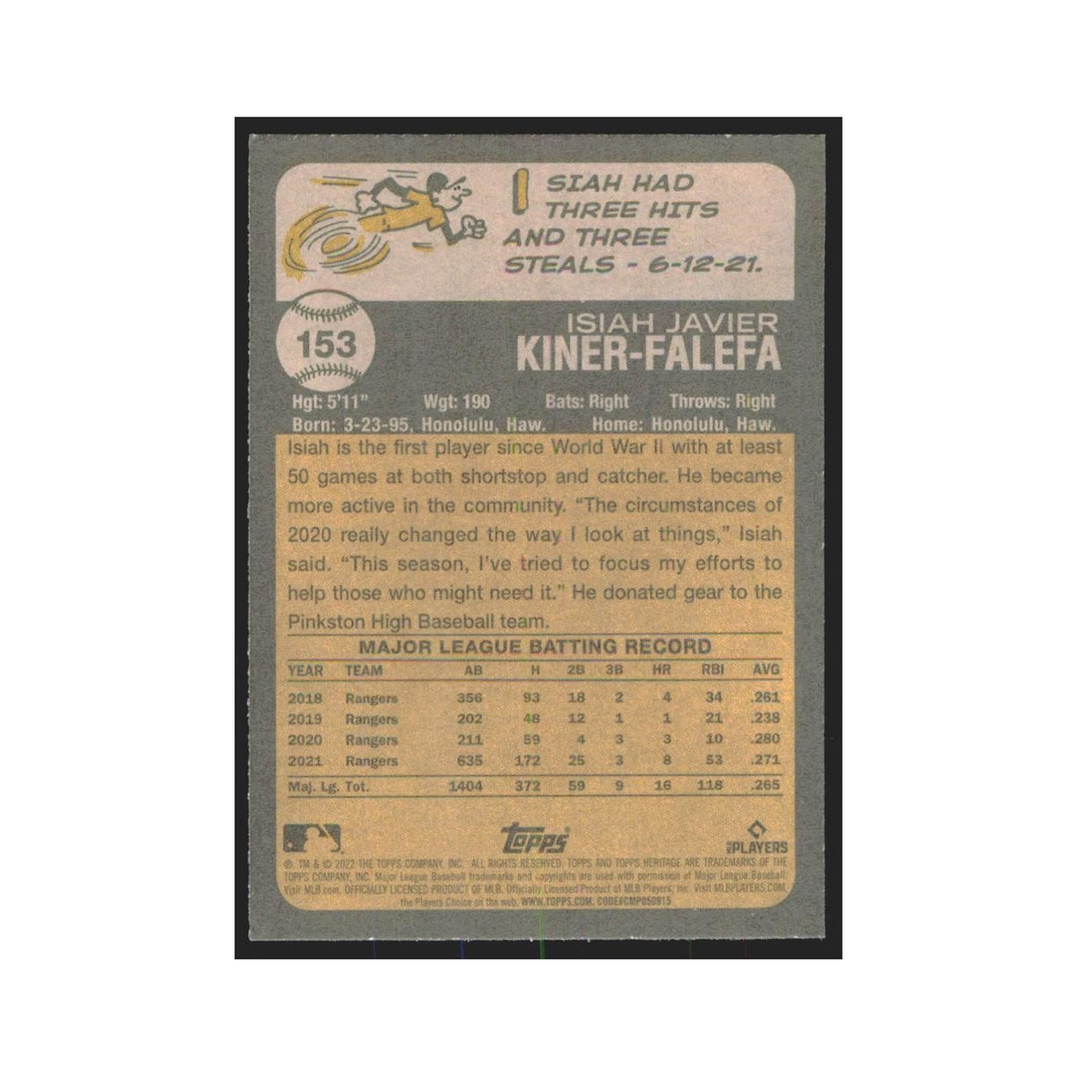 2022 Topps Heritage Isiah Kiner-Falefa Rangers #153