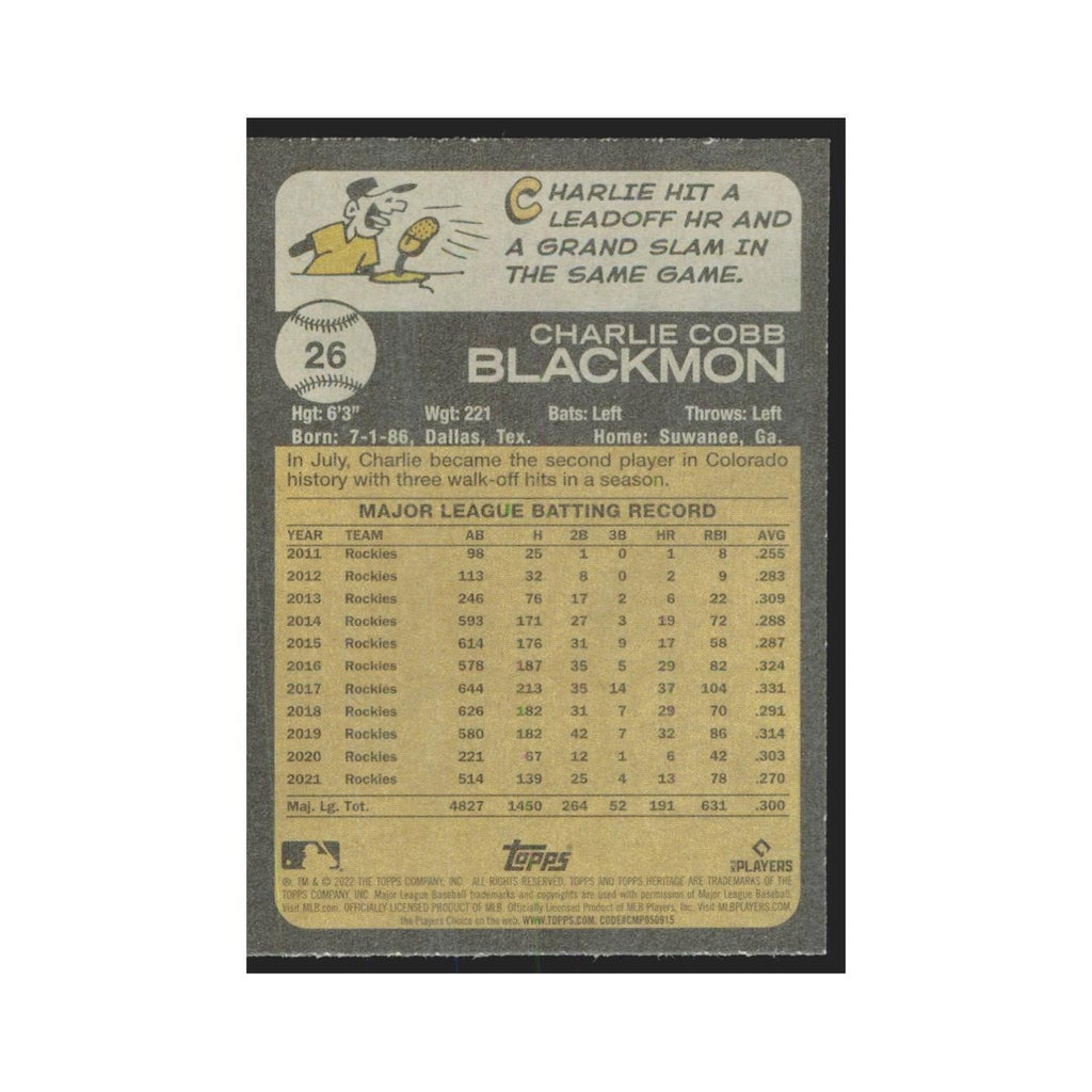 2022 Topps Heritage Charlie Blackmon Rockies #26