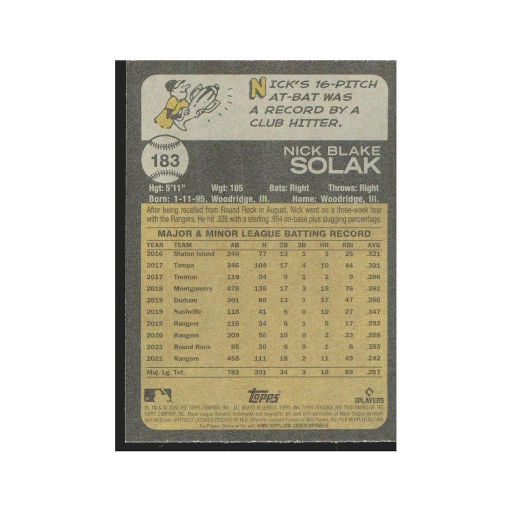 2022 Topps Heritage Nick Solak Rangers #183