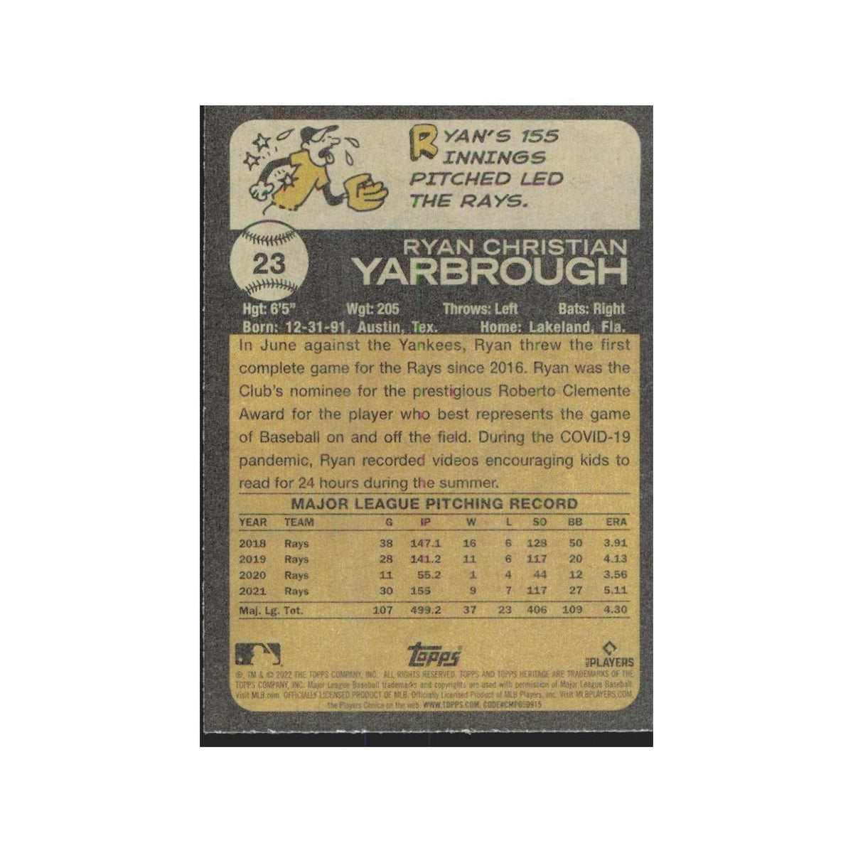 2022 Topps Heritage Ryan Yarbrough Rays #23
