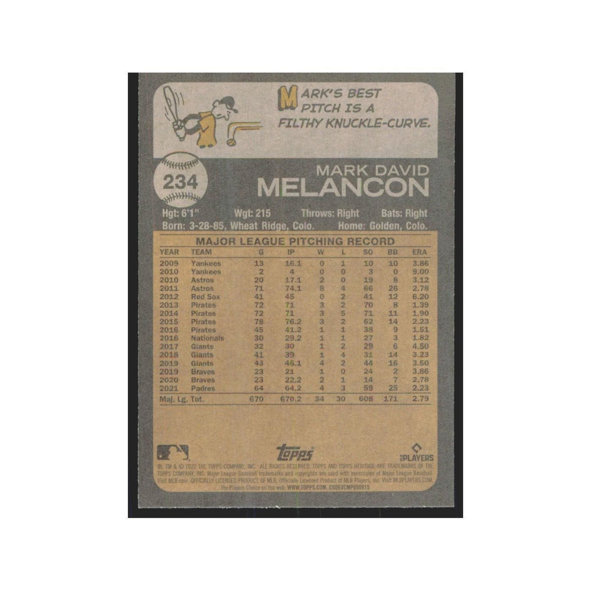 2022 Topps Heritage Mark Melancon Diamondbacks #234