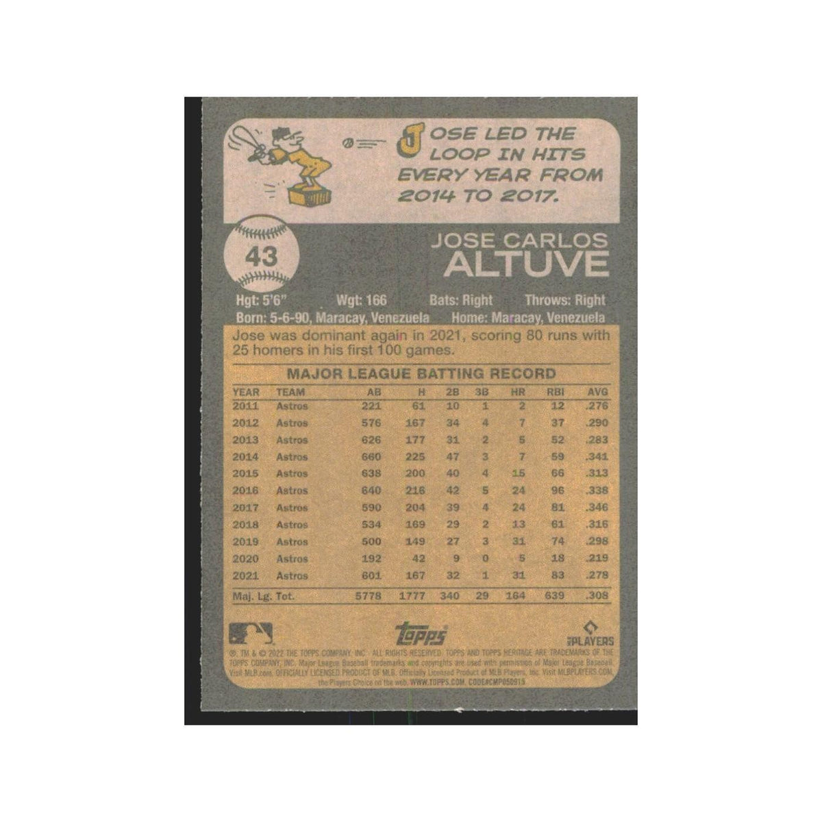2022 Topps Heritage Jose Altuve Astros #43