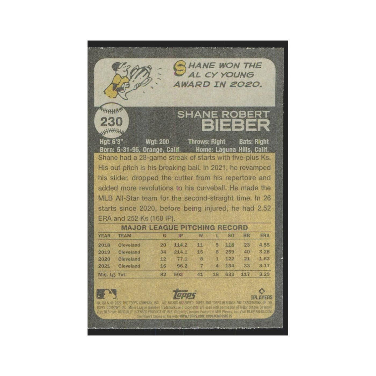 2022 Topps Heritage Shane Bieber Guardians #230