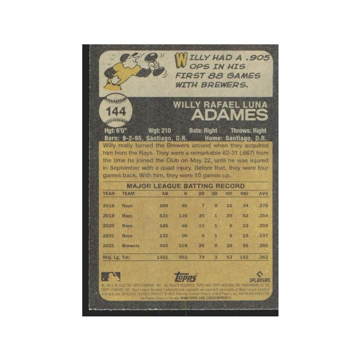 2022 Topps Heritage Willy Adames Brewers #144