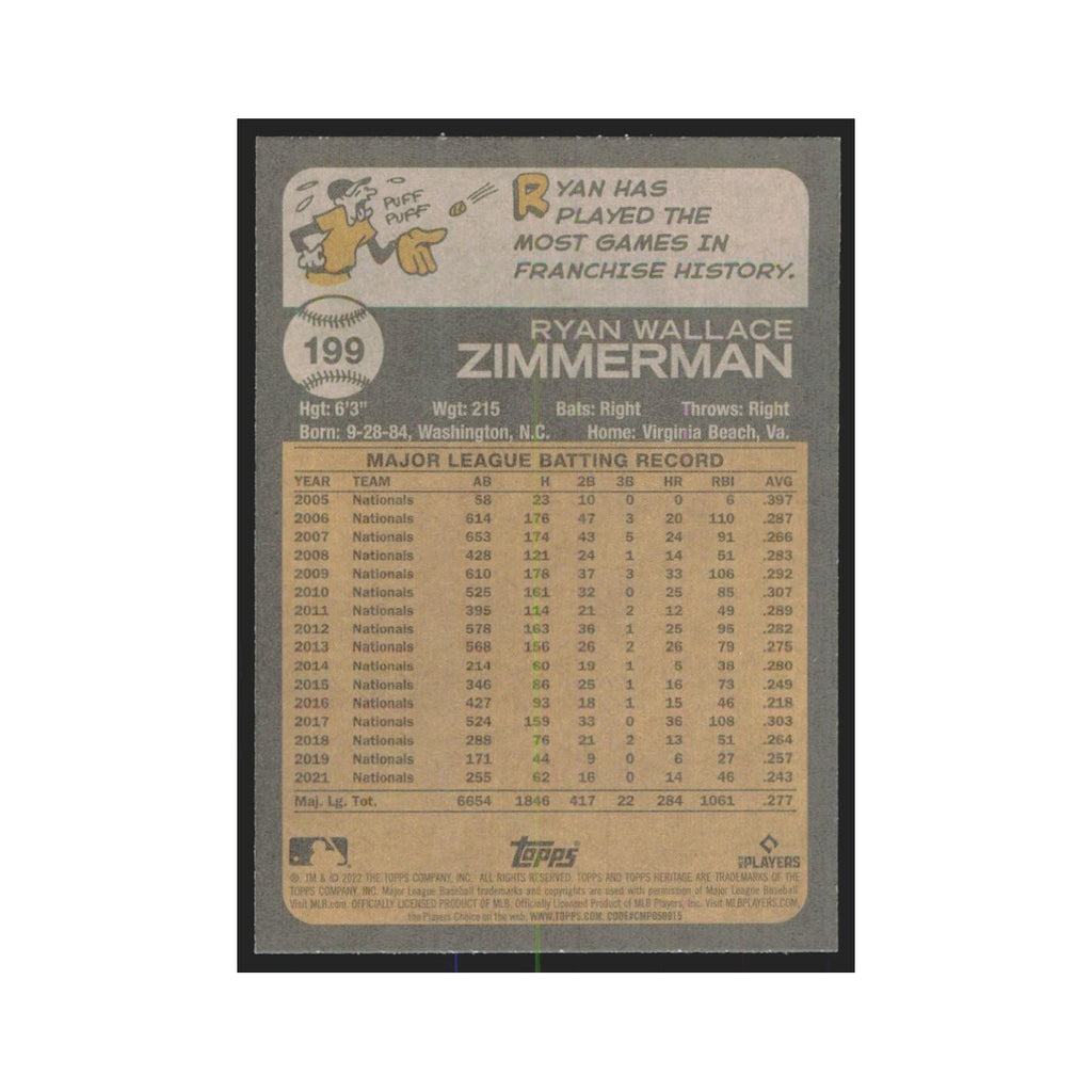 2022 Topps Heritage Ryan Zimmerman Nationals #199