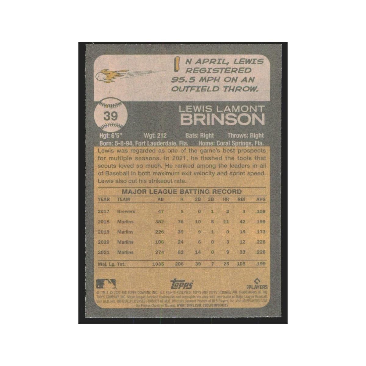 2022 Topps Heritage Lewis Brinson Marlins #39
