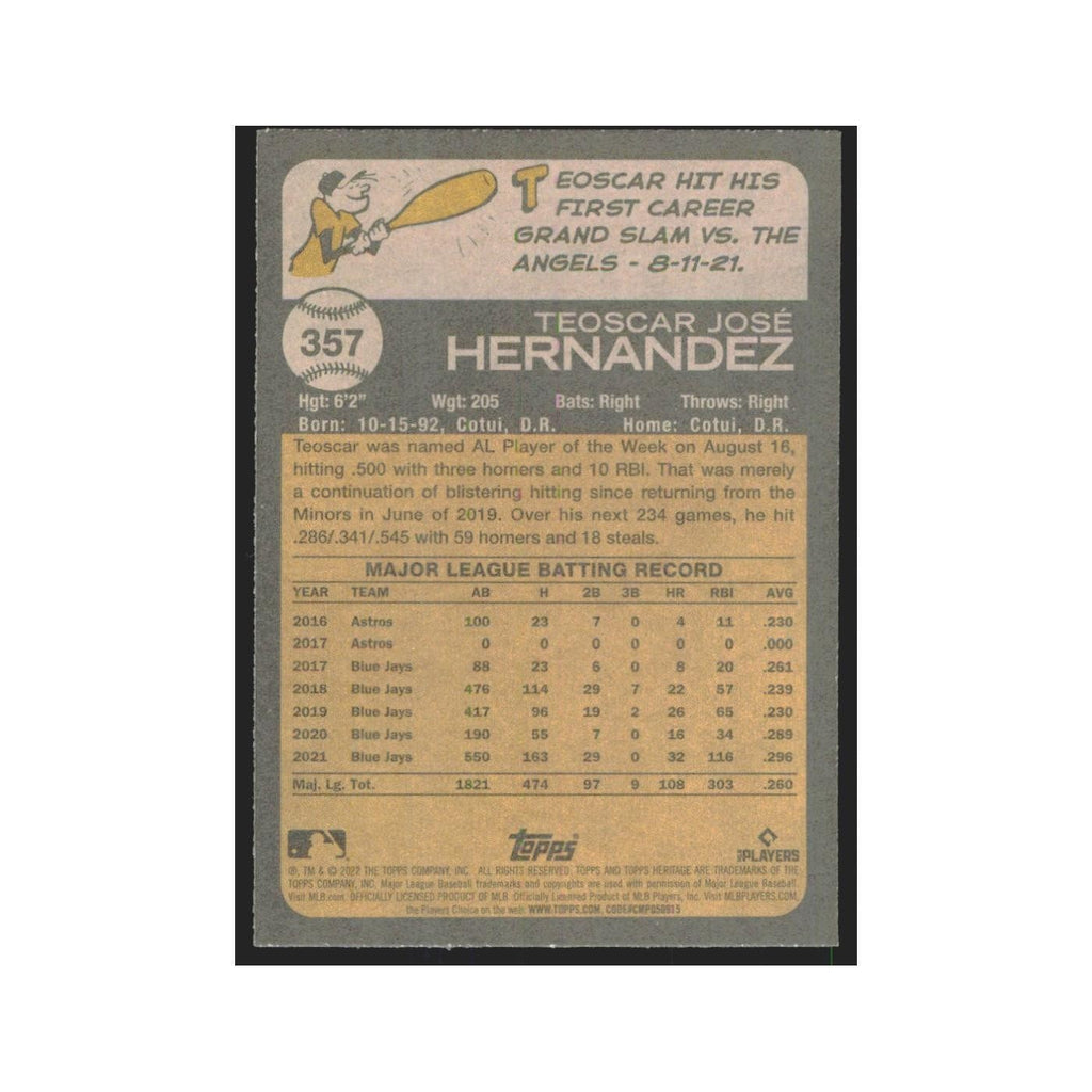 2022 Topps Heritage Teoscar Hernandez Blue Jays #357