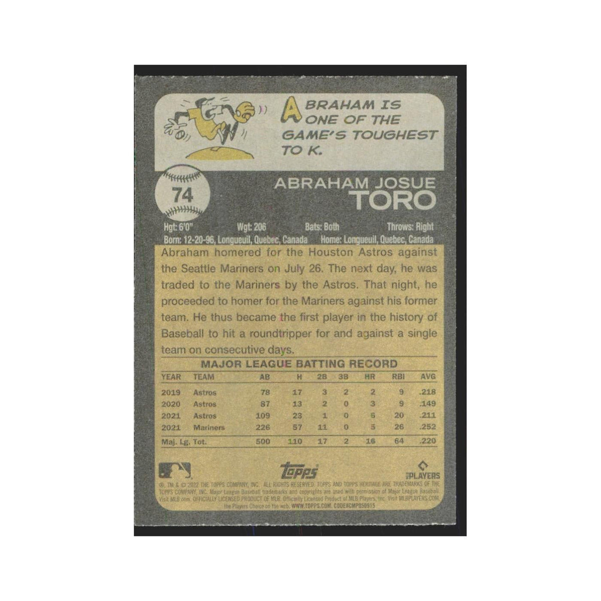 2022 Topps Heritage Abraham Toro Mariners #74