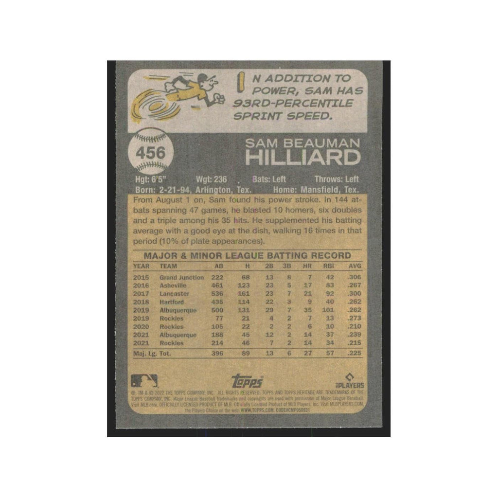 2022 Topps Heritage Sam Hilliard Rockies #456