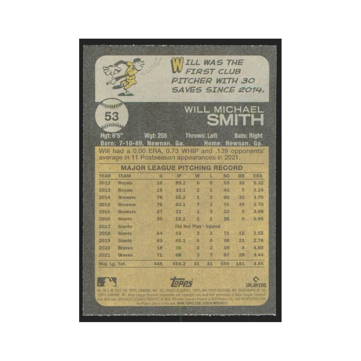 2022 Topps Heritage Will Smith Braves #53