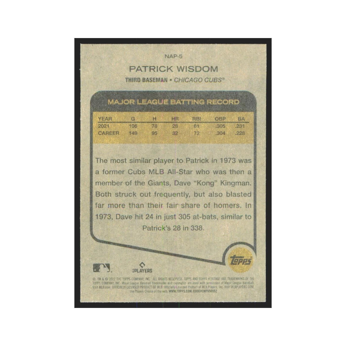 2022 Topps Heritage Patrick Wisdom Cubs #NAP-5