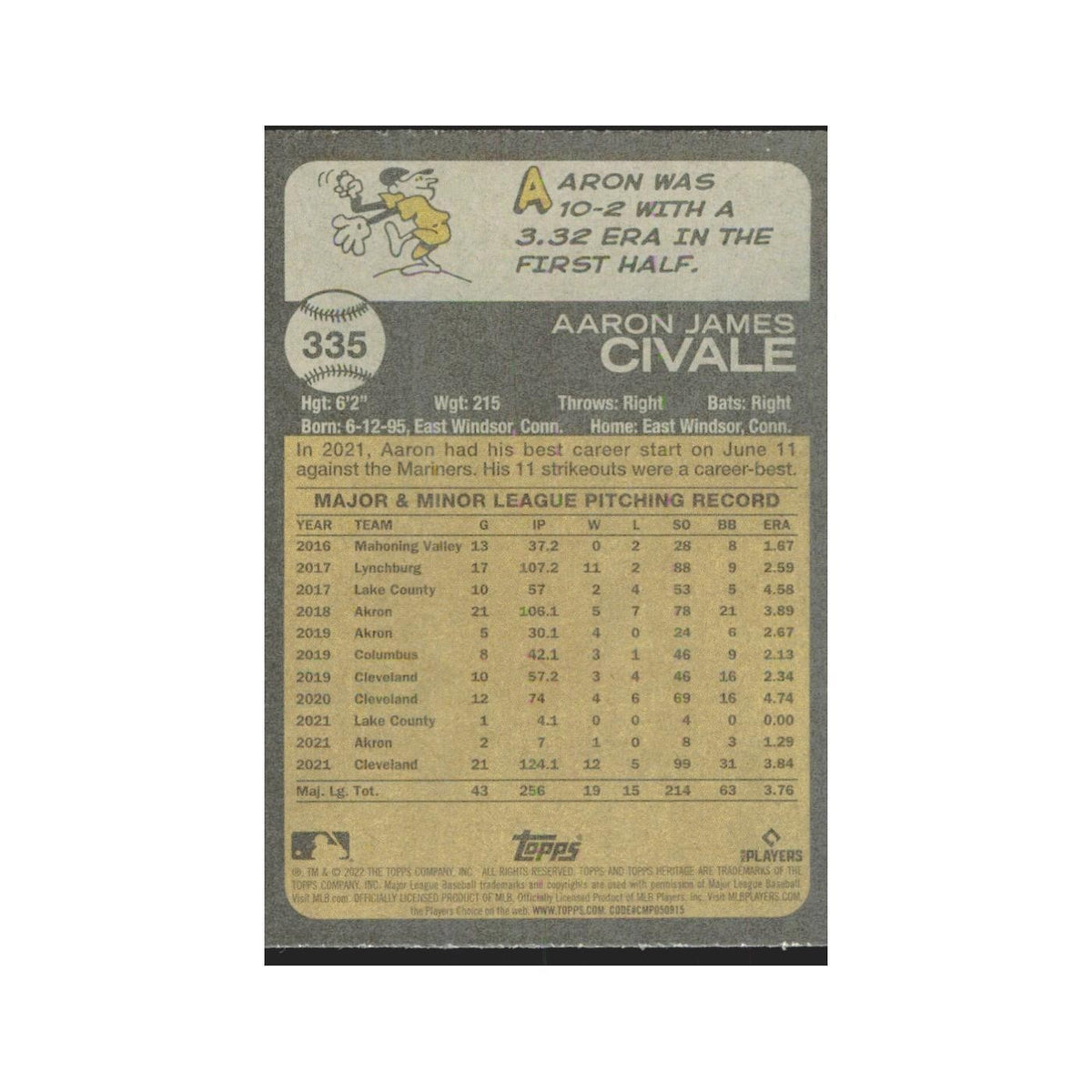 2022 Topps Heritage Aaron Civale Guardians #335