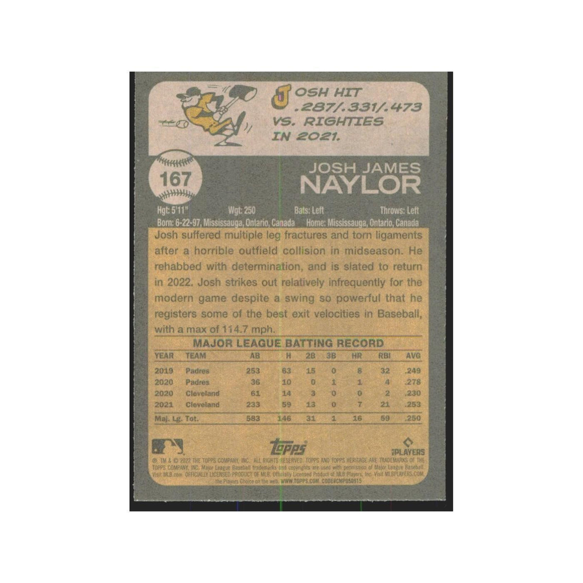 2022 Topps Heritage Josh Naylor Guardians #167