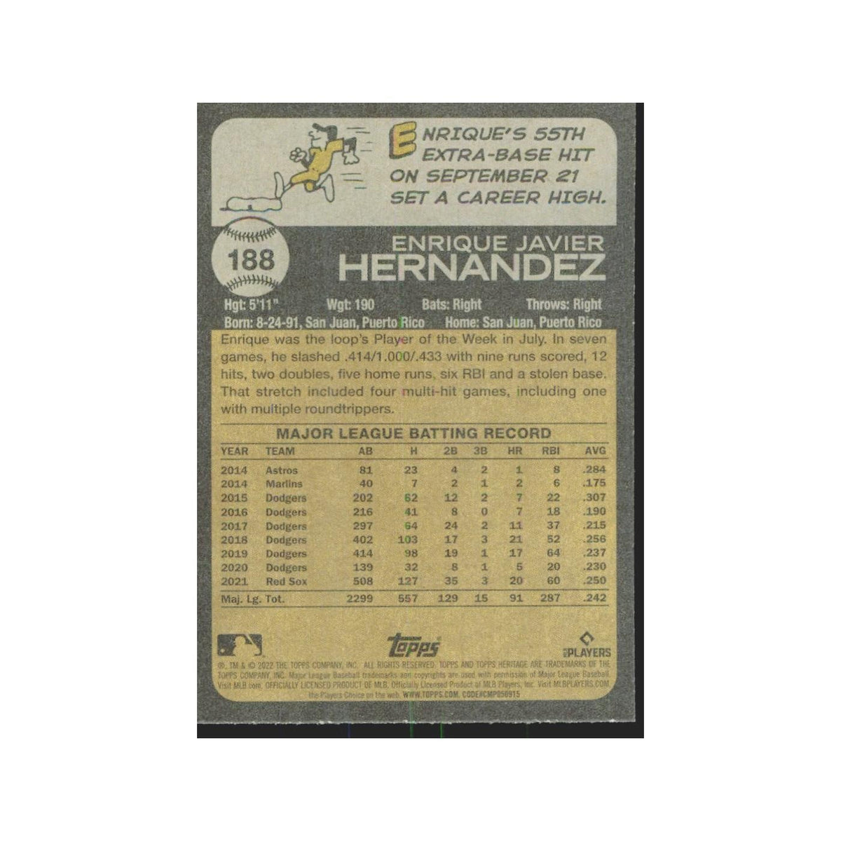 2022 Topps Heritage Enrique Hernandez Red Sox #188