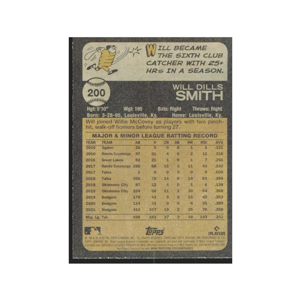 2022 Topps Heritage Will Smith Dodgers #200