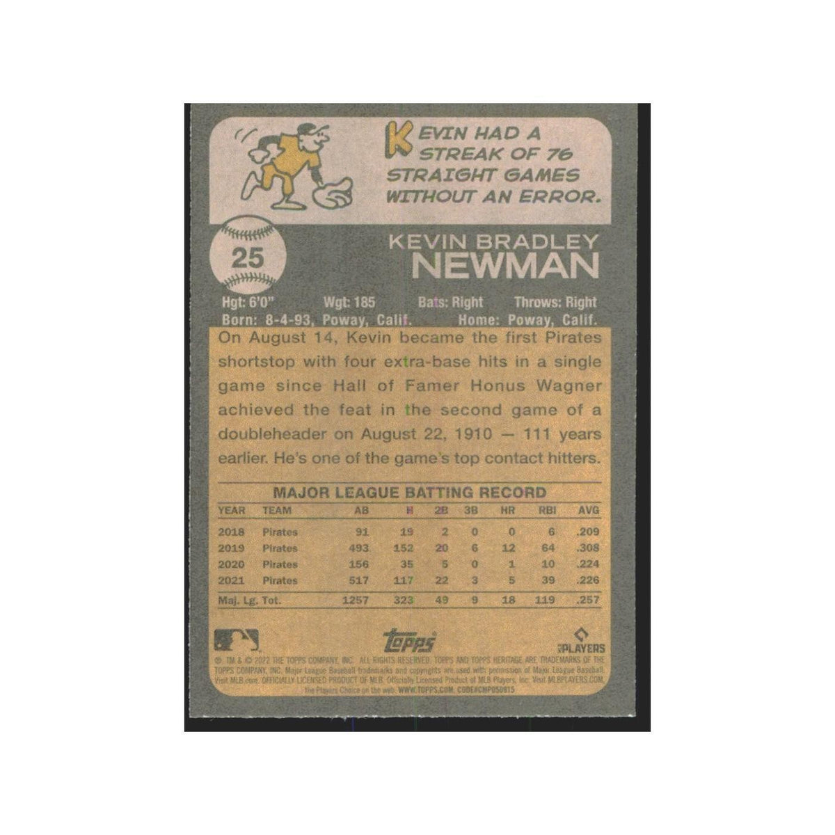 2022 Topps Heritage Kevin Newman Pirates #25