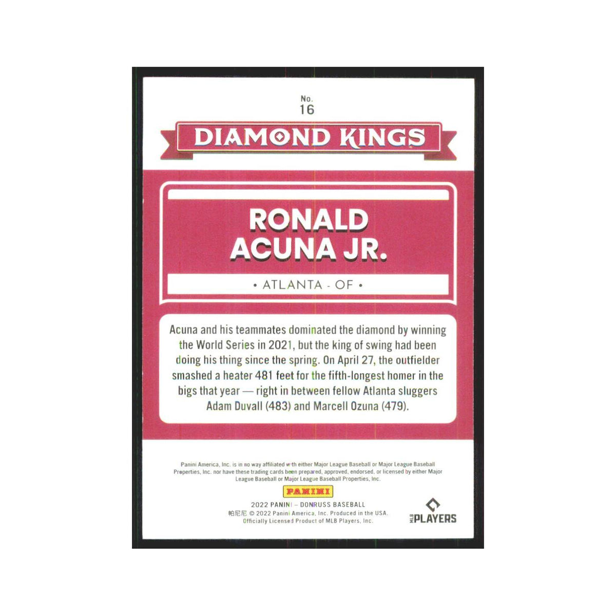 2022 Donruss Ronald Acuna Jr. 0750/2022 Braves #16