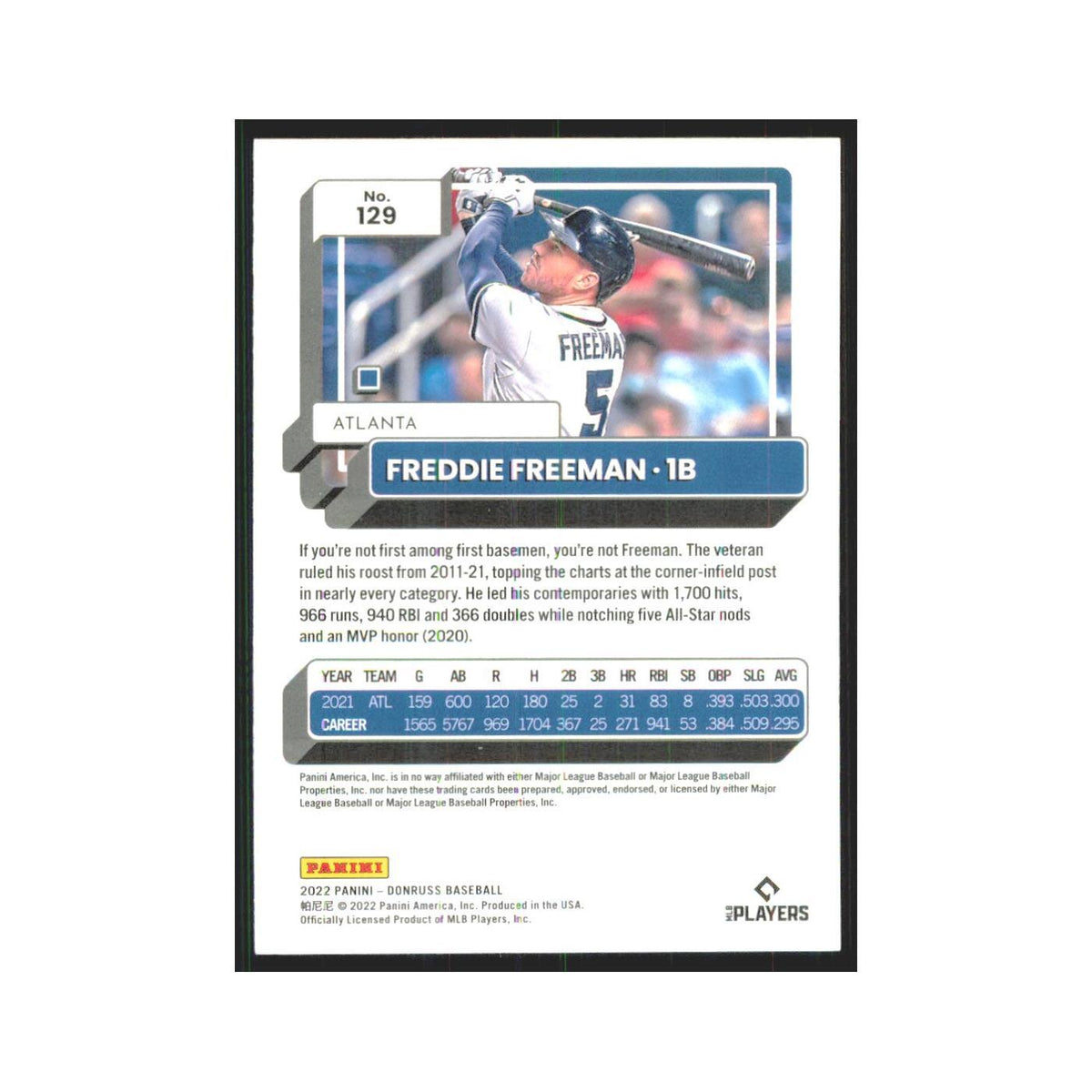 2022 Donruss Insert Freddie Freeman Braves #129