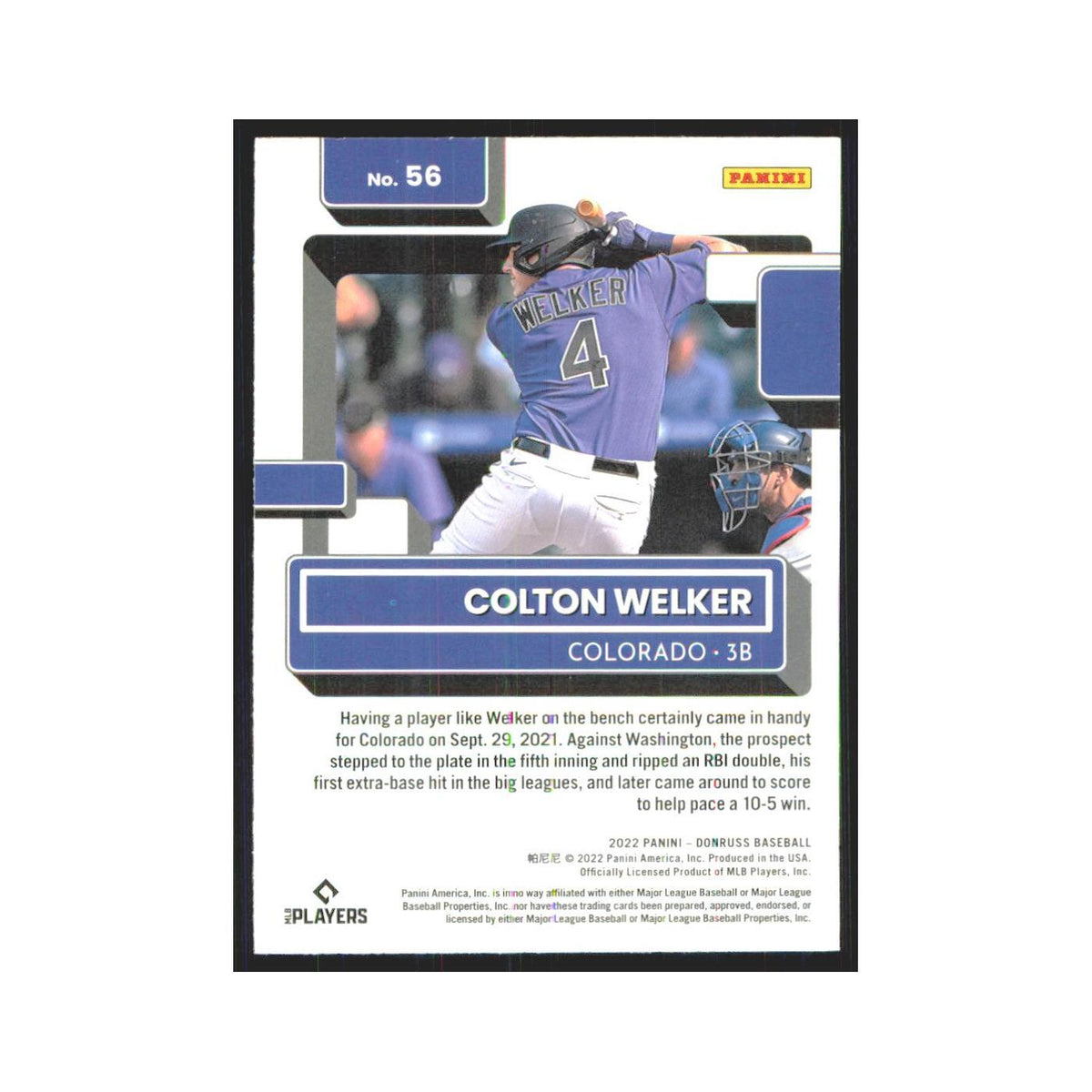 2022 Donruss Colton Welker RC Rockies #56