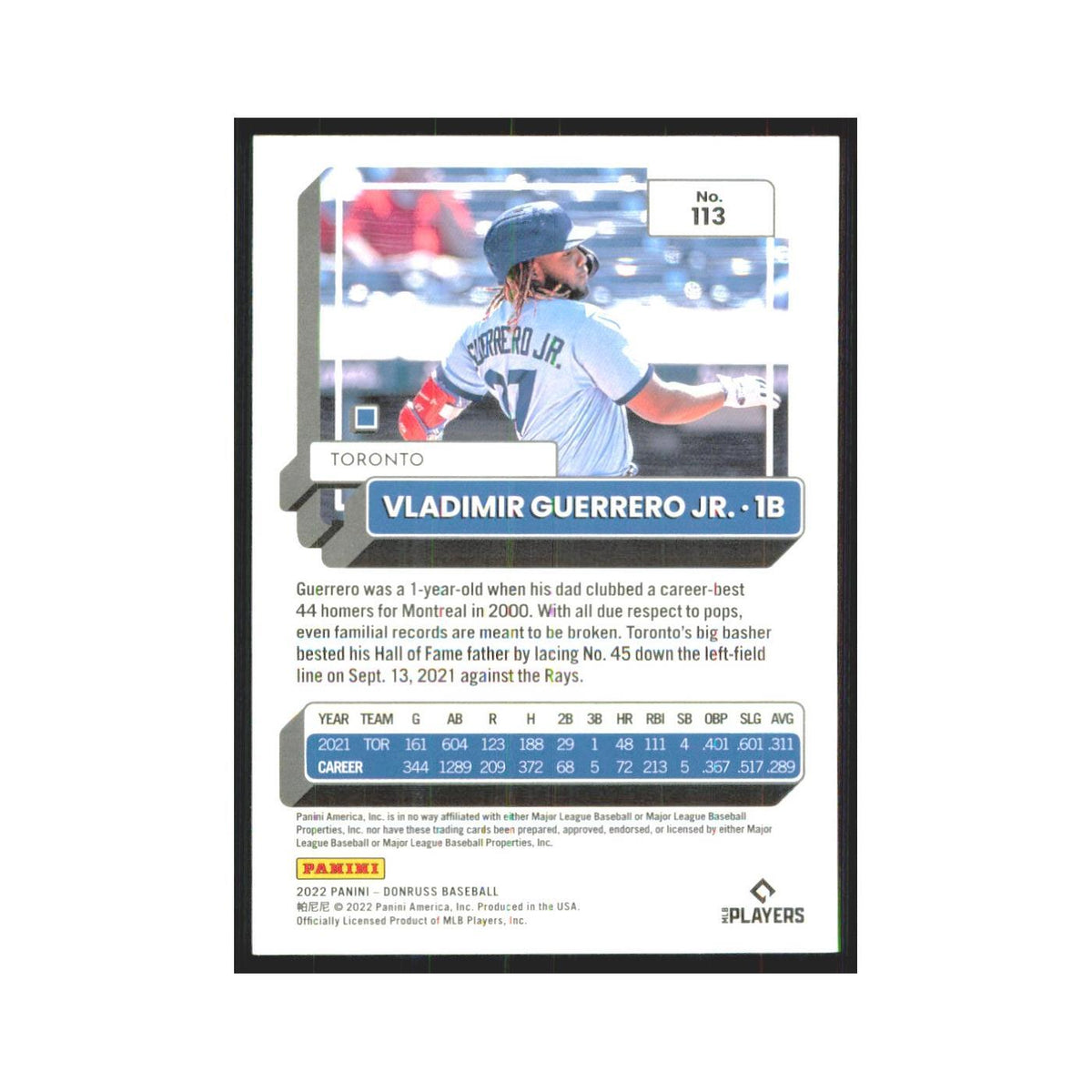 2022 Donruss Vladimir Guerrero Jr. Blue Jays #113
