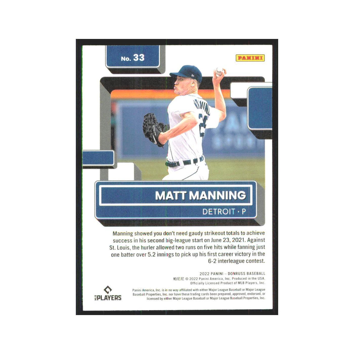 2022 Donruss Matt Manning RC Tigers #33