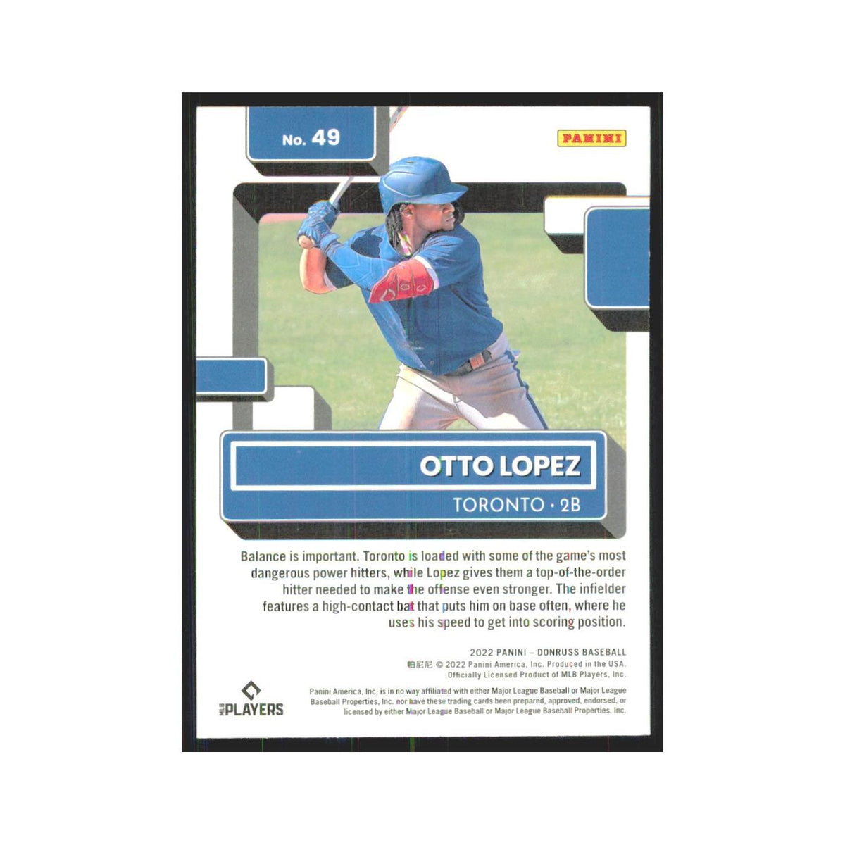 2022 Donruss Otto Lopez RC Blue Jays #49