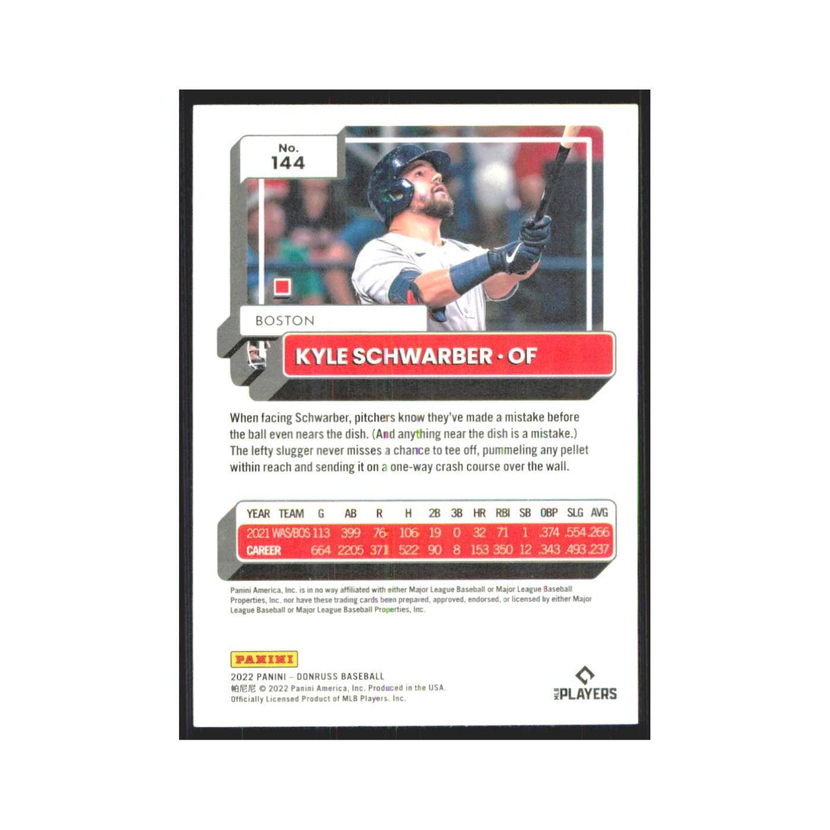 2022 Donruss Kyle Schwarber Red Sox #144