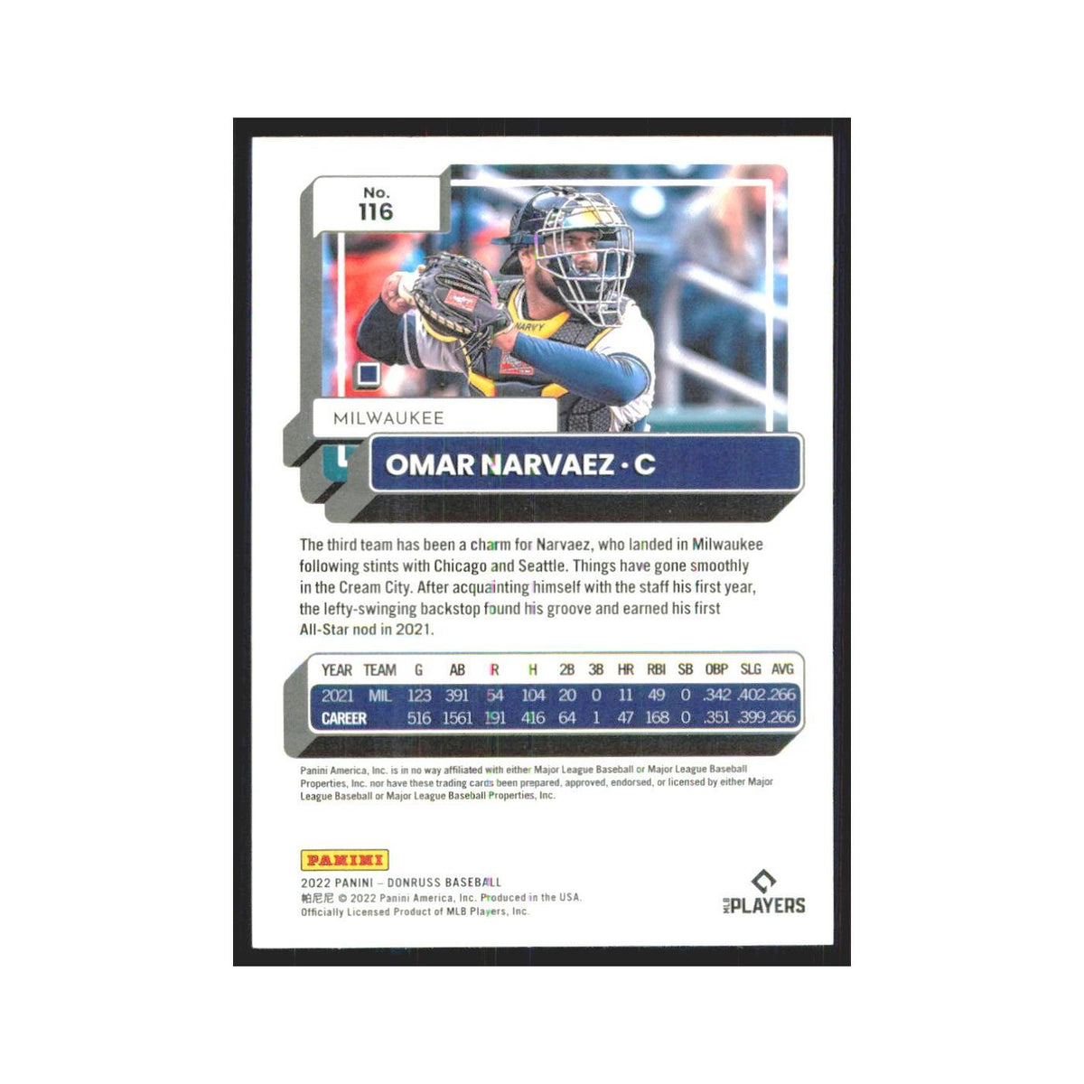 2022 Donruss Omar Narvaez Brewers #116