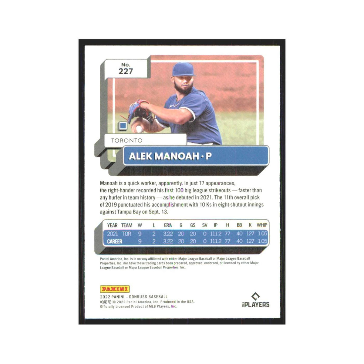 2022 Donruss Alek Manoah Blue Jays #227
