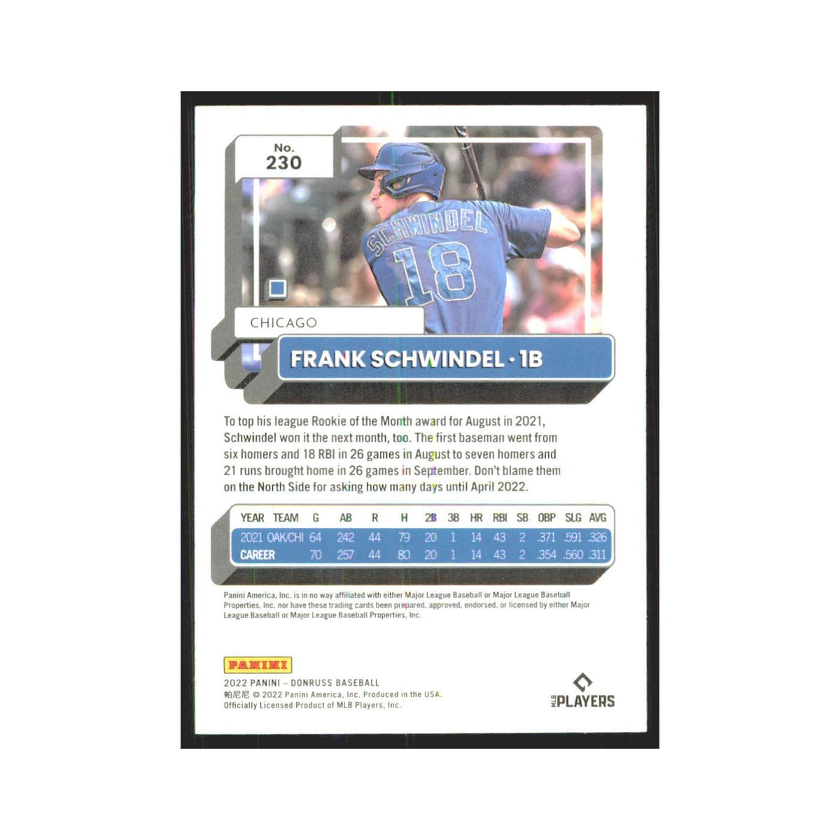 2022 Donruss Frank Schwindel Cubs #230