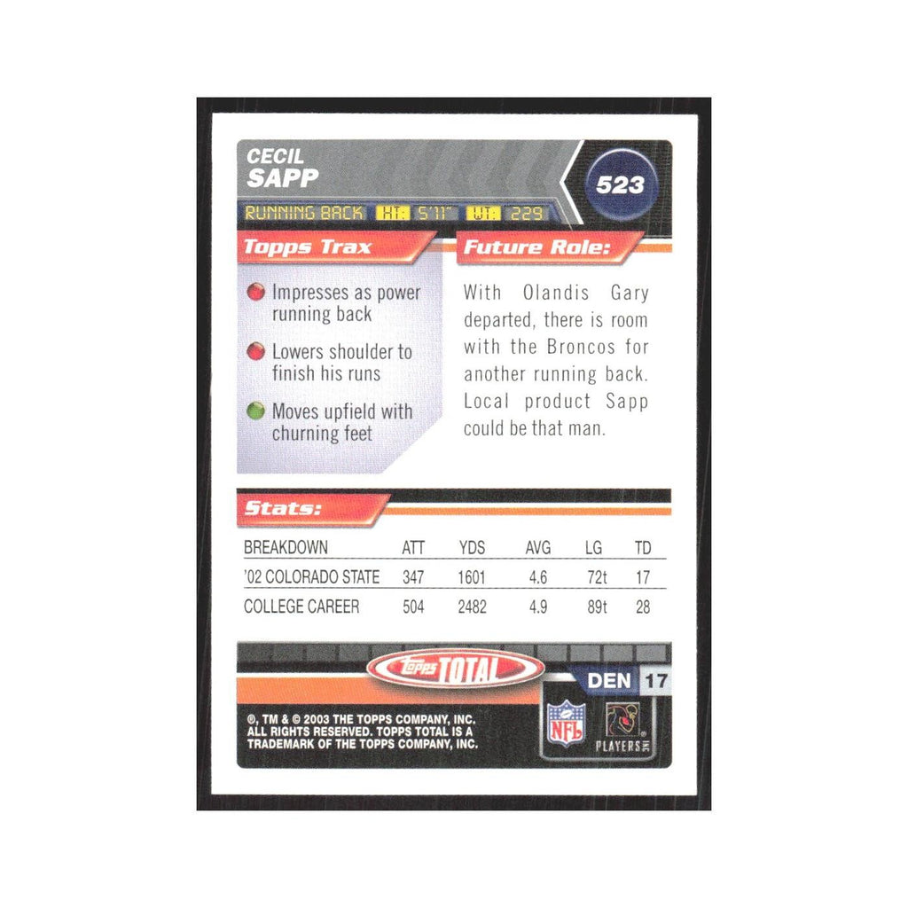 2003 Topps Total Cecil Sapp RC Broncos #523