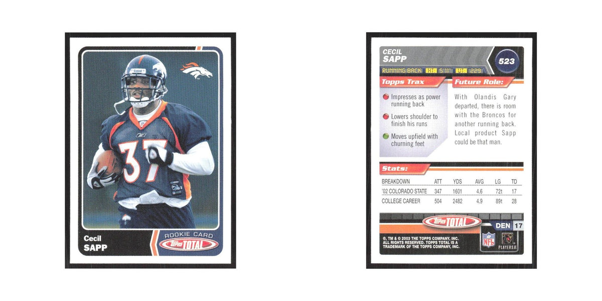 2003 Topps Total Cecil Sapp RC Broncos #523