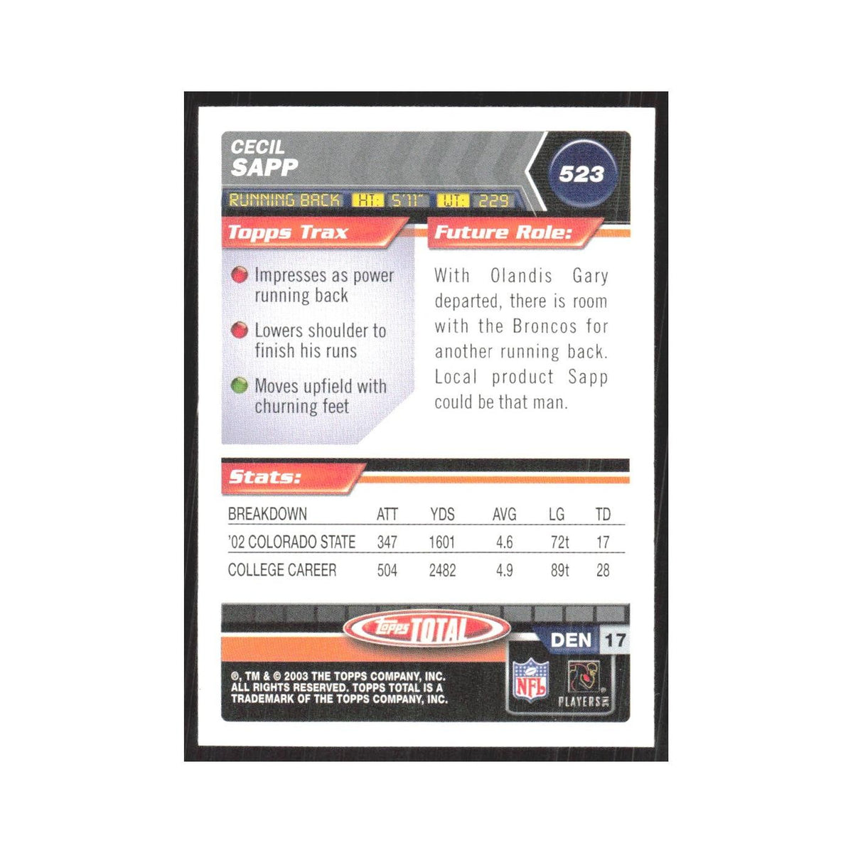 2003 Topps Total Cecil Sapp RC Broncos #523
