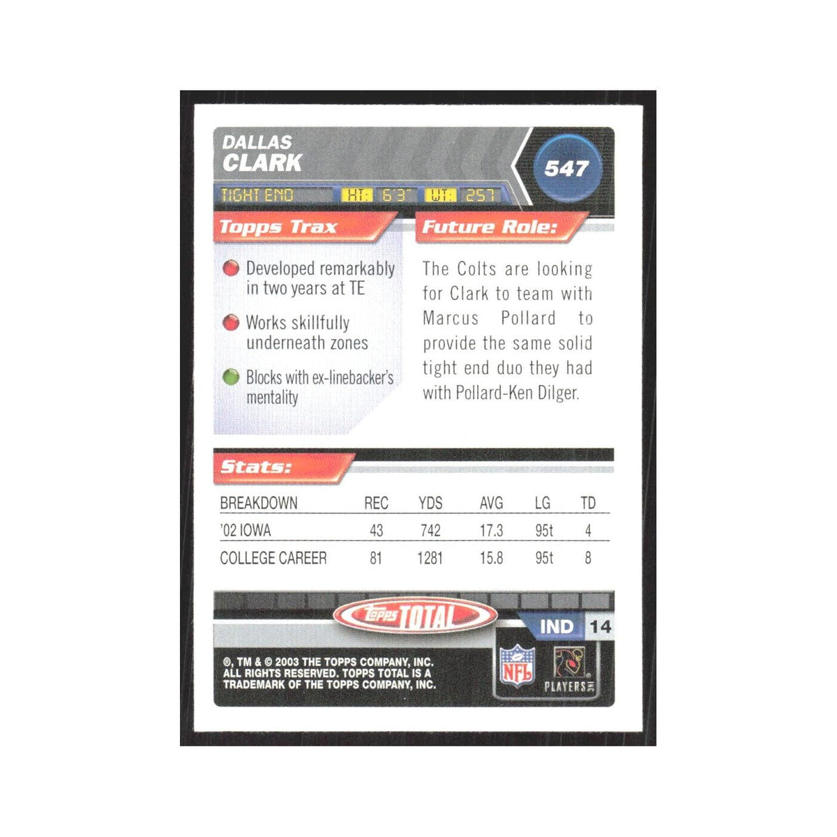2003 Topps Total Dallas Clark RC Colts #547
